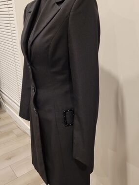 Women's Black Long Tailored Blazer with Buckle Detail